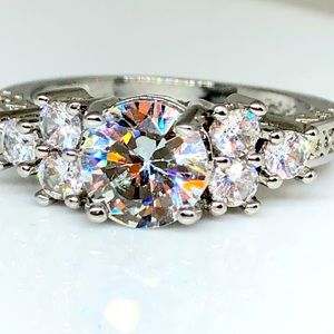 924/Sterling Silver/14kw Gold Round Cut With Three Round Cut Side Stones